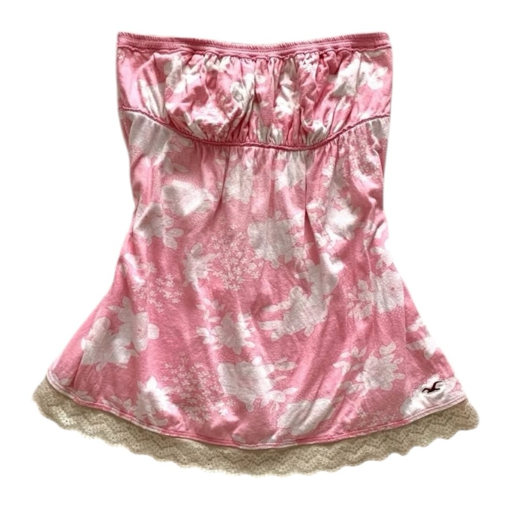 Vintage Y2K Hollister Pink Floral Lace Trim Strapless Babydoll Tube Top L